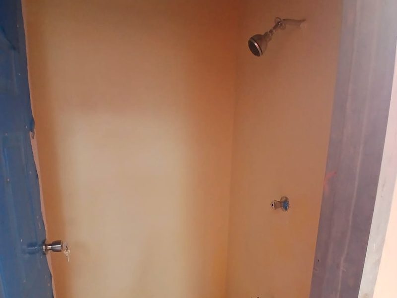 A walk-in shower room with a wall-mounted shower head and taps